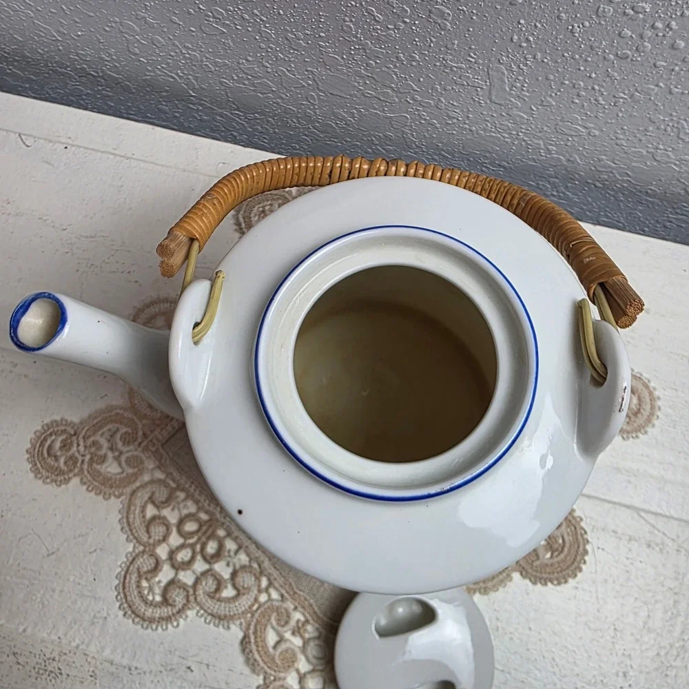 Vintage Ceramic Botanica Teapot Yellow Floral Clover Blue Trim Lid Rattan Handle